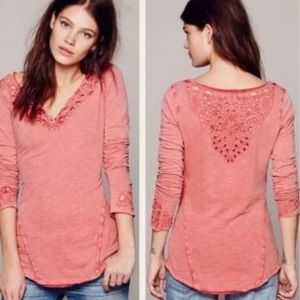 Free People Blue Luna Henley Cutout Top Size M Coral Pink